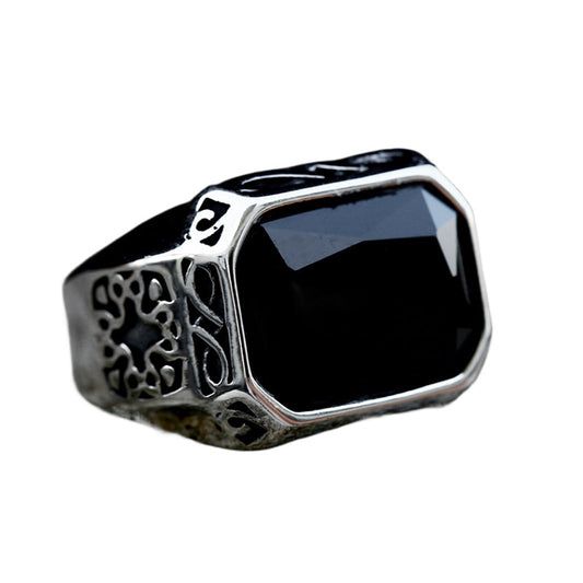 Titanium Steel Retro-Inspired Stone Inlaid Men's Ring - Cross-Border Fashion Jewelry