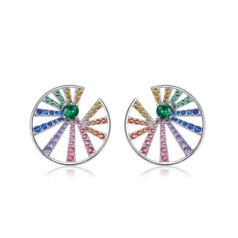 Circle Windmill Rainbow Zircon Silver Stud Earrings