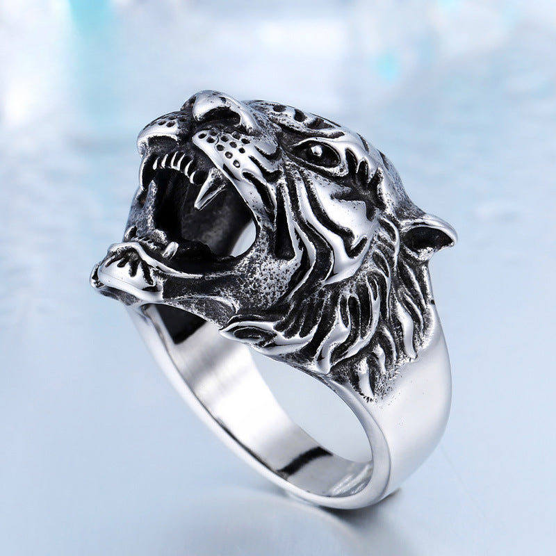 Titanium Steel Men's Retro Tiger Head Ring - Unique Cross-Border Fashion Accessory