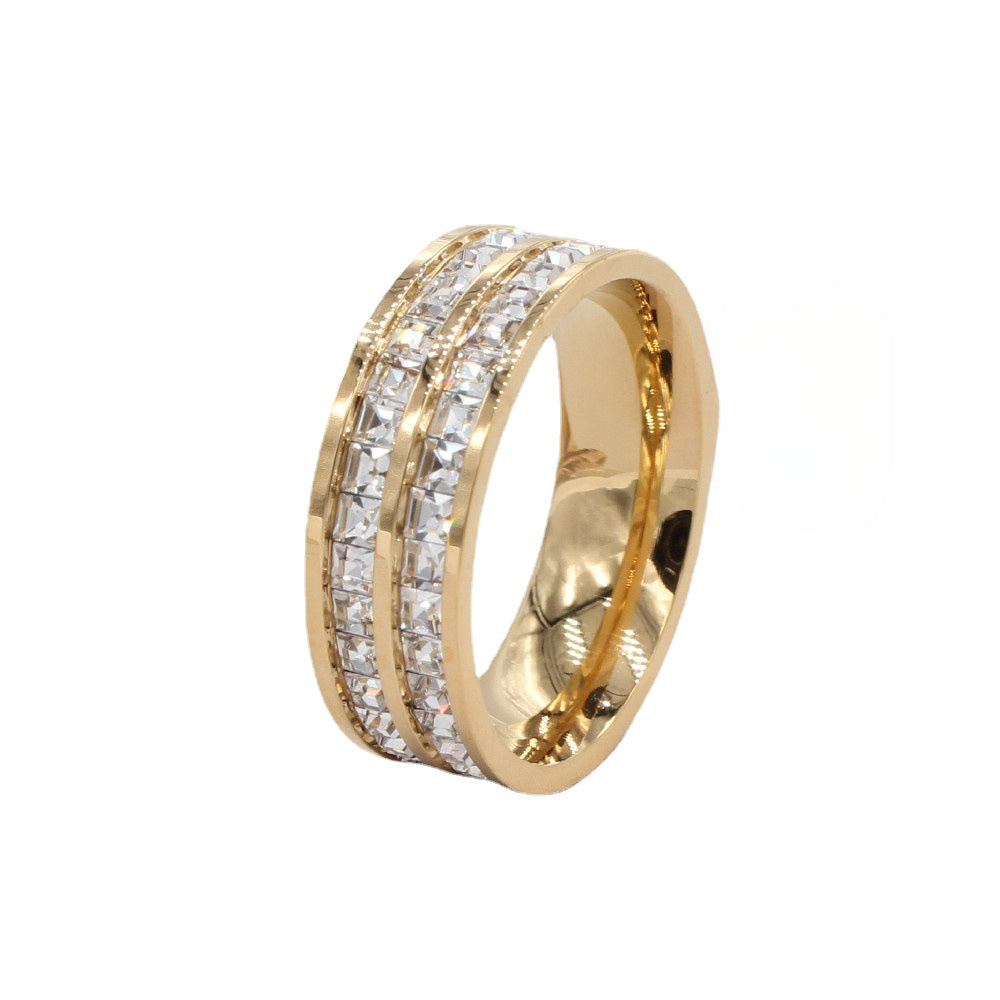 Stylish Korean Two-Layer Zircon Titanium Steel Women's Ring