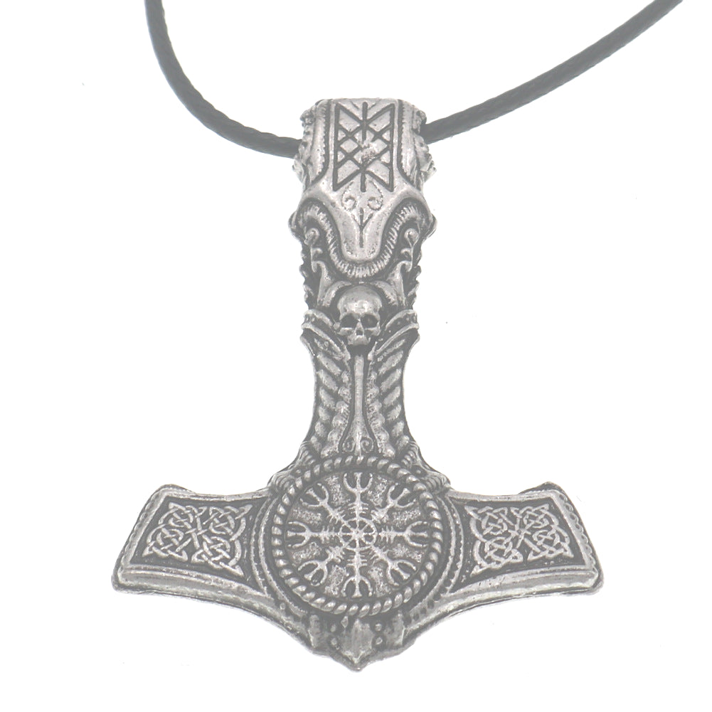 Viking Skull Thor Hammer Pendant with Compass Odin Totem Necklace