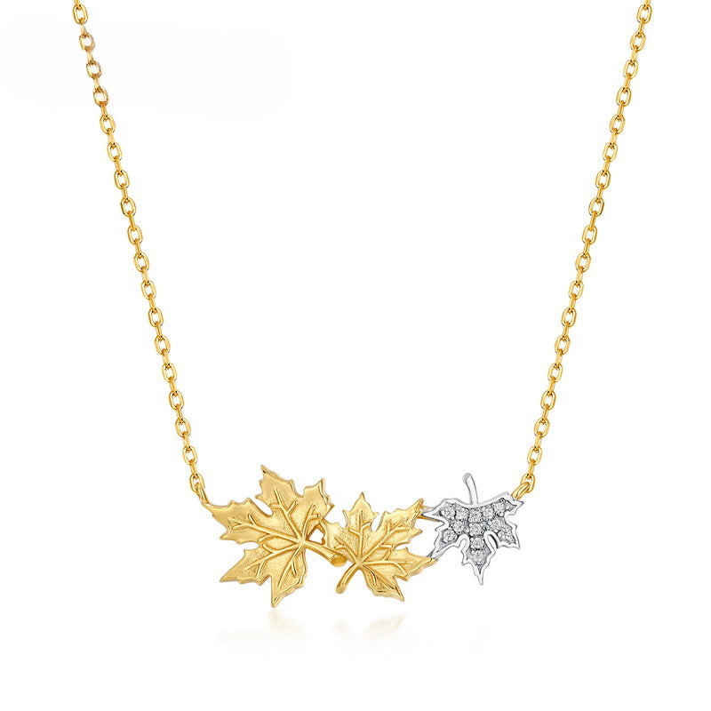 Two Tone Maple Leaf Pendant Zircon Sterling Silver Necklace