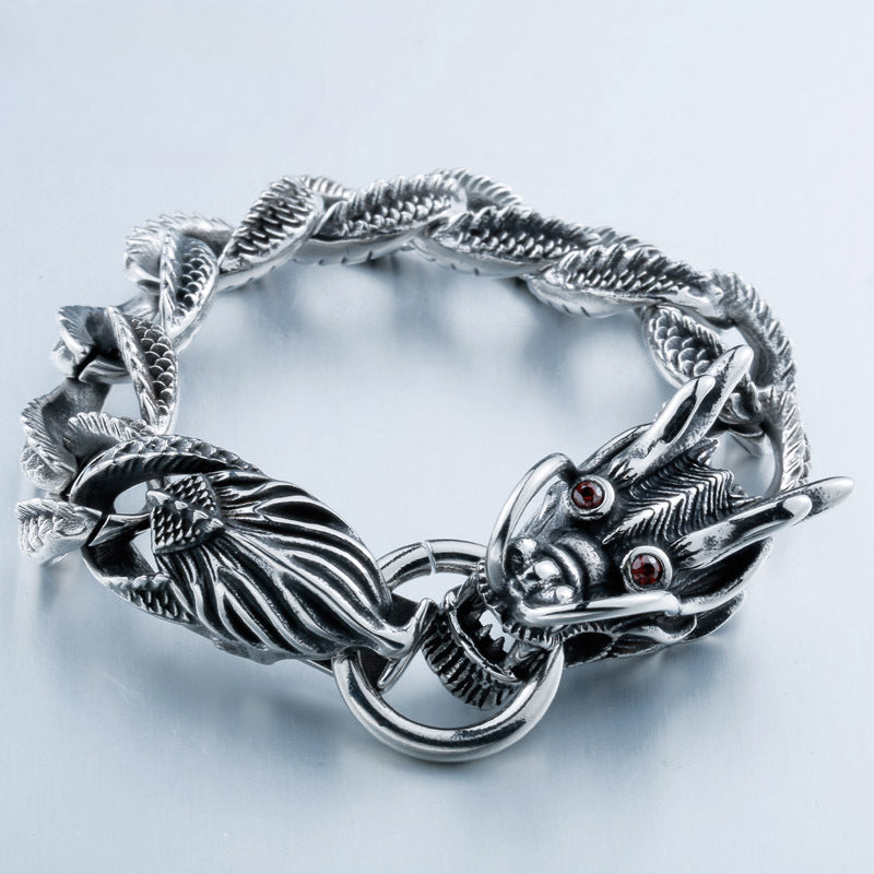 Fierce Dragon-Inspired Titanium Steel Men's Bracelet with Precious Stone Accents