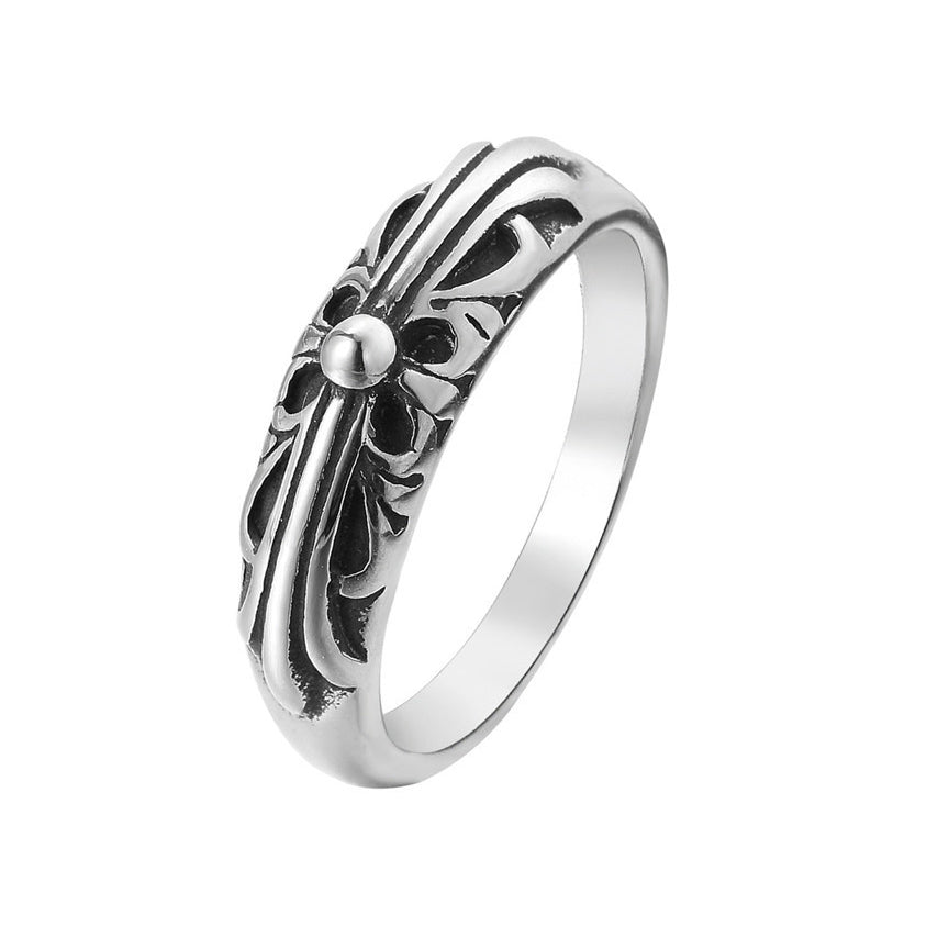 Long Cross Flower Titanium Steel Ring for Men