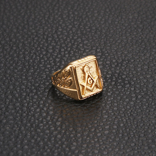 Freemasonry-Inspired Gold Titanium Steel Men's Ring - Elegant Fashion Jewelry for Men