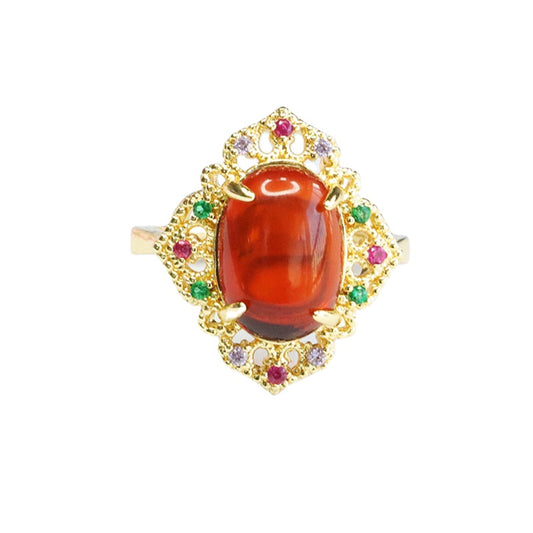 Ethnic Style Sterling Silver Ring with Beeswax Amber