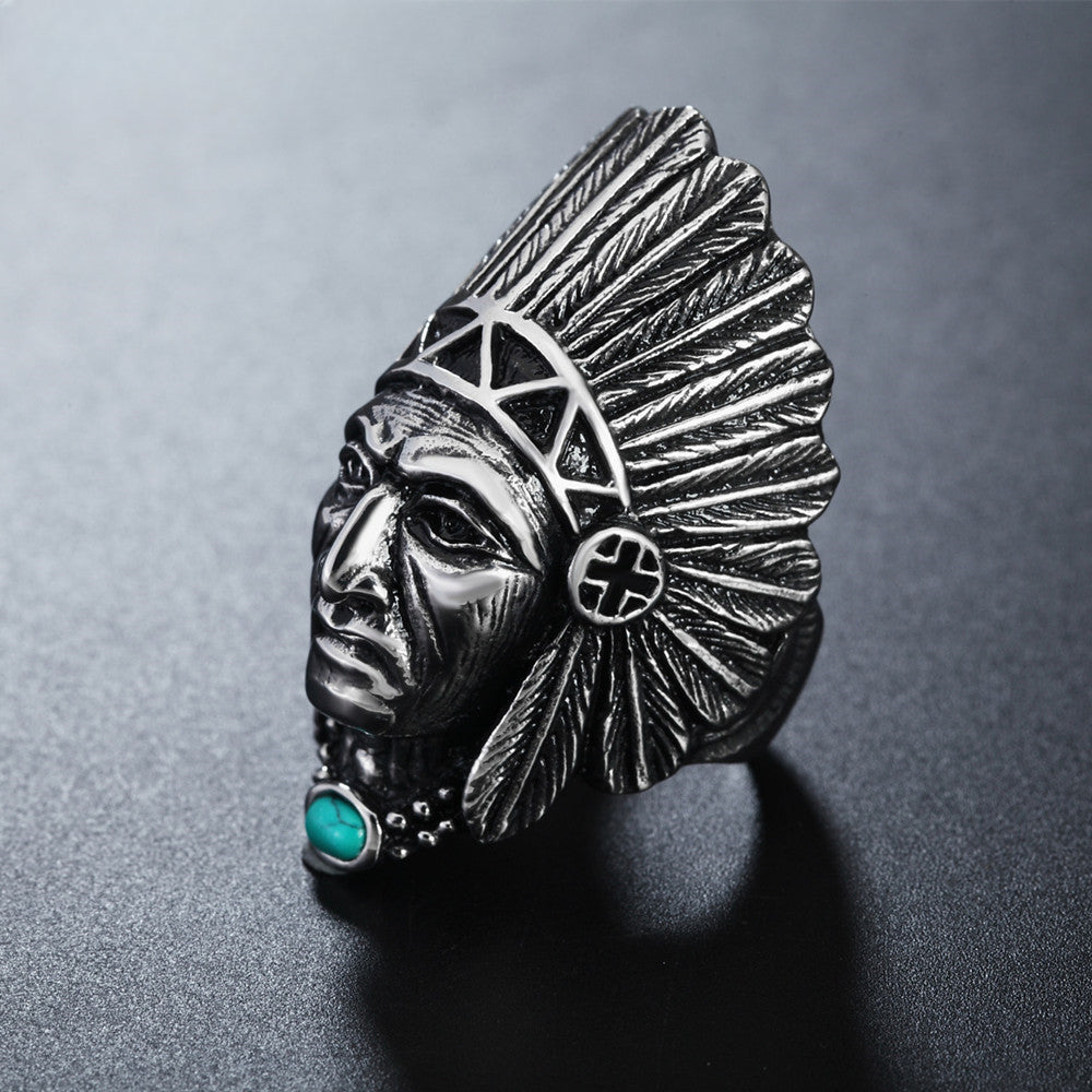 Indian Tribal Chief Green Stone Titanium Steel Ring for Men