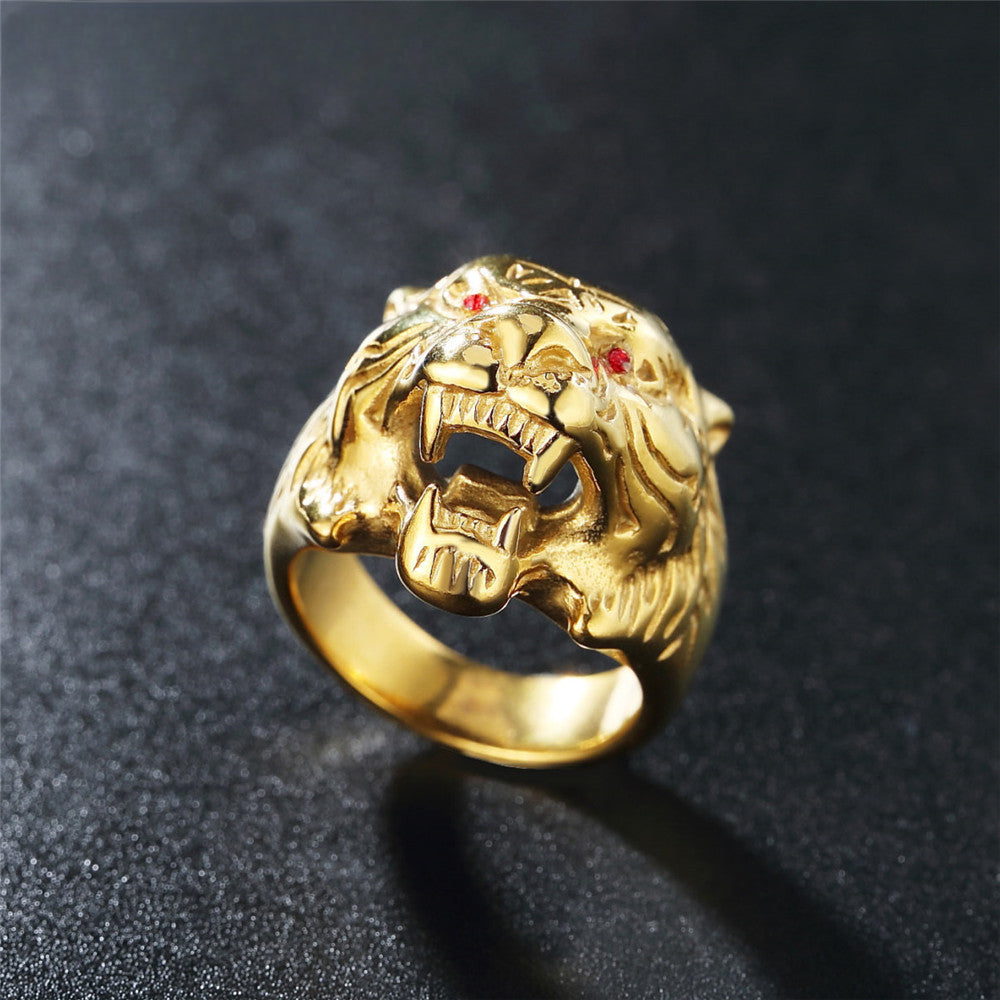 Punk Red Eye Zircon Golden Tiger Head Titanium Steel Ring for Men