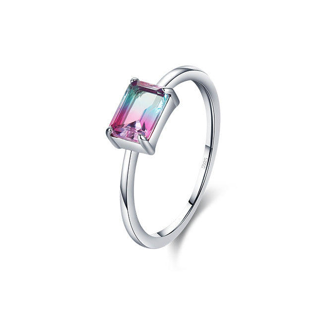 Elegant Rectangular Watermelon Tourmaline Sterling Silver Ring for Women Size 5-10