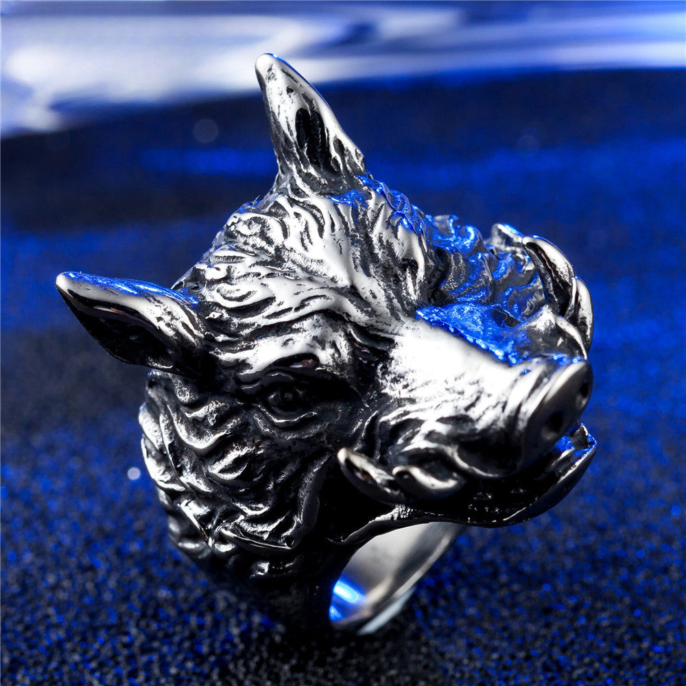 Wild Boar Head Titanium Steel Ring for Men