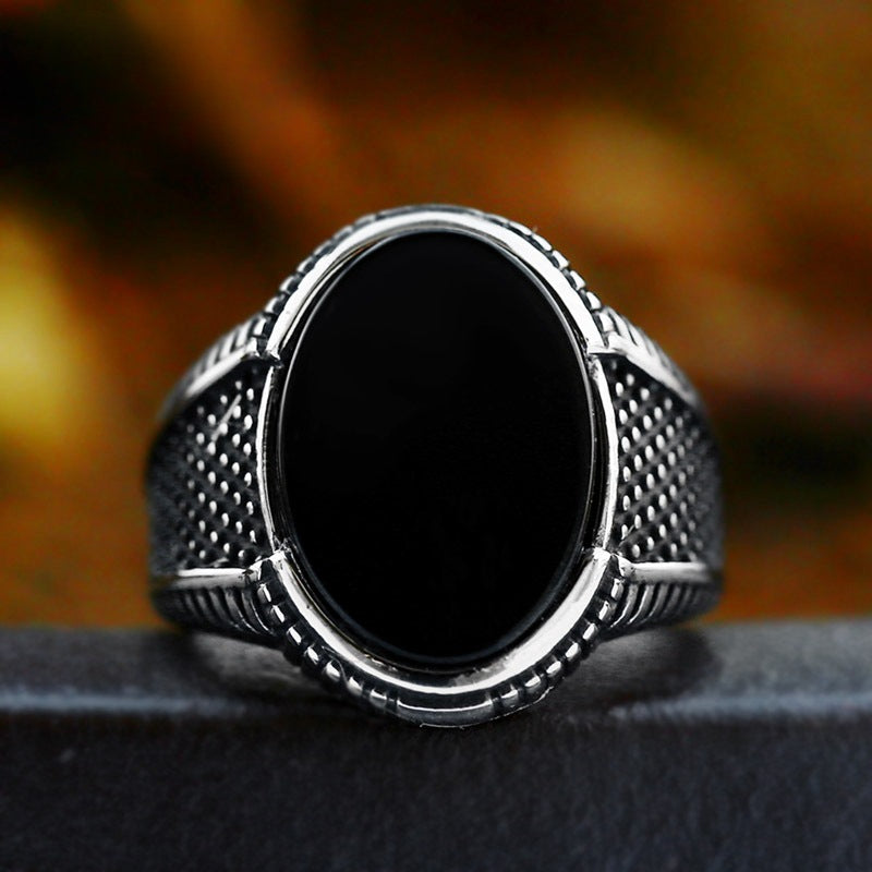 Stainless Steel Black Agate Men's Ring - Retro Titanium Steel Fashion Band for Everyday Wear, Sizes 7-13