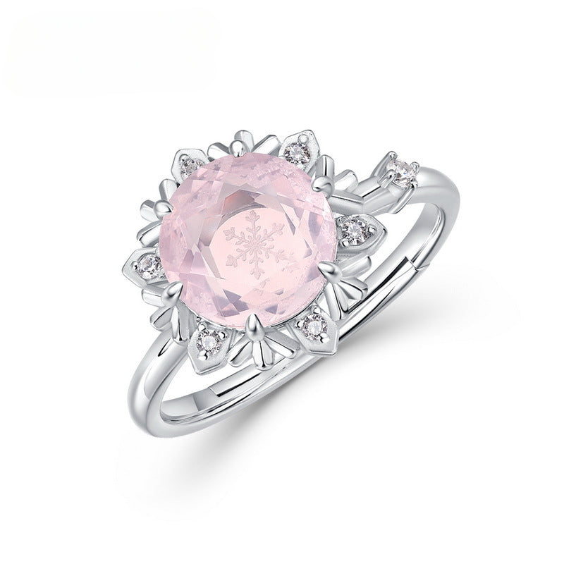 Christmas Winter Snowflake Round Pink Crystal Opening Sterling Silver Ring