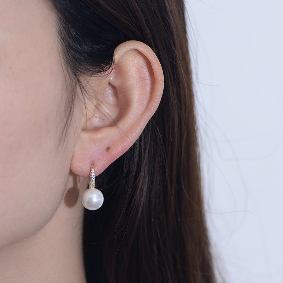 Round Pearl Zircon Sterling Silver Hook Earrings