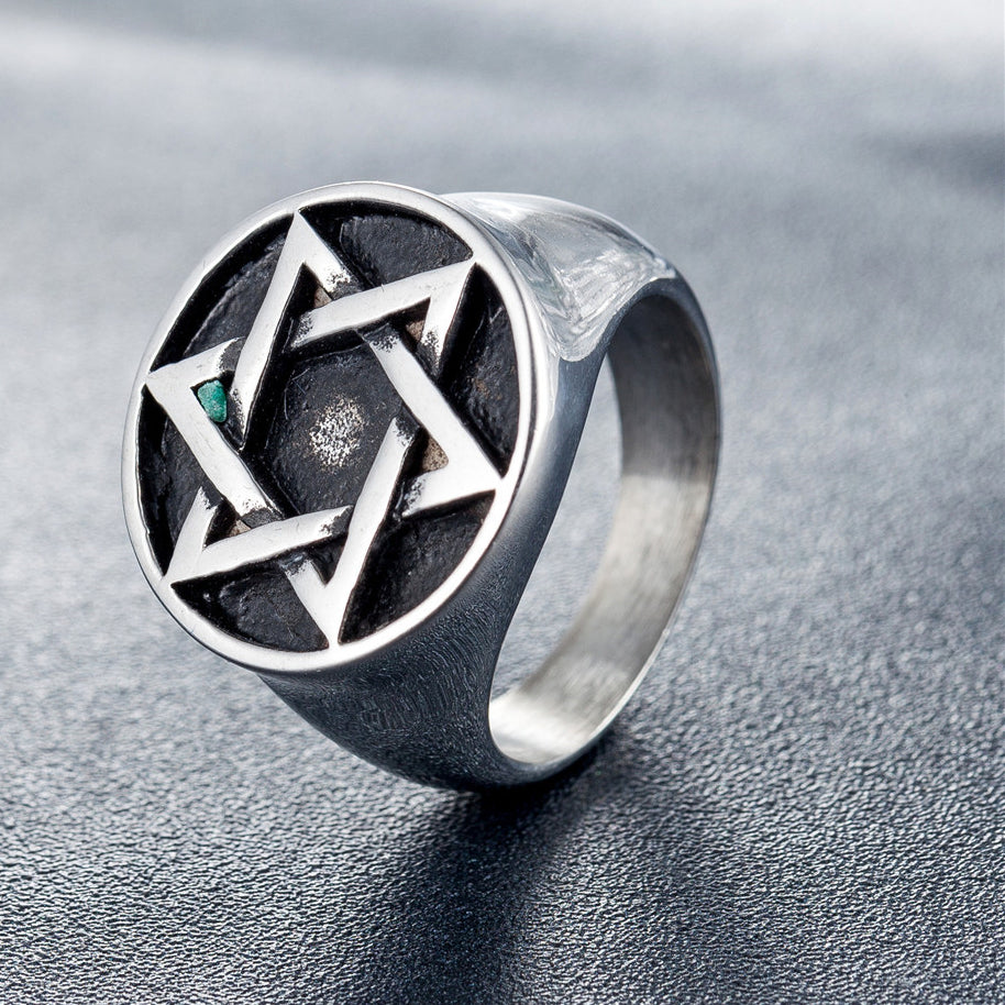 Jewish Hexagram Personality Vintage Titanium Steel Ring for Men