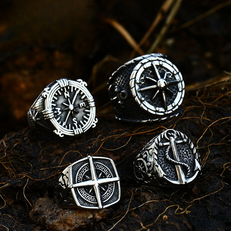 Titanium Steel Navigational Compass Ring for Men - Nautical Inspired Stainless Steel Anchor Design