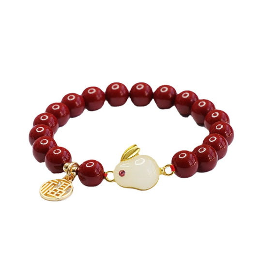 Purple Gold Sand Rabbit Jade Cinnabar Stone Bracelet - Sterling Silver