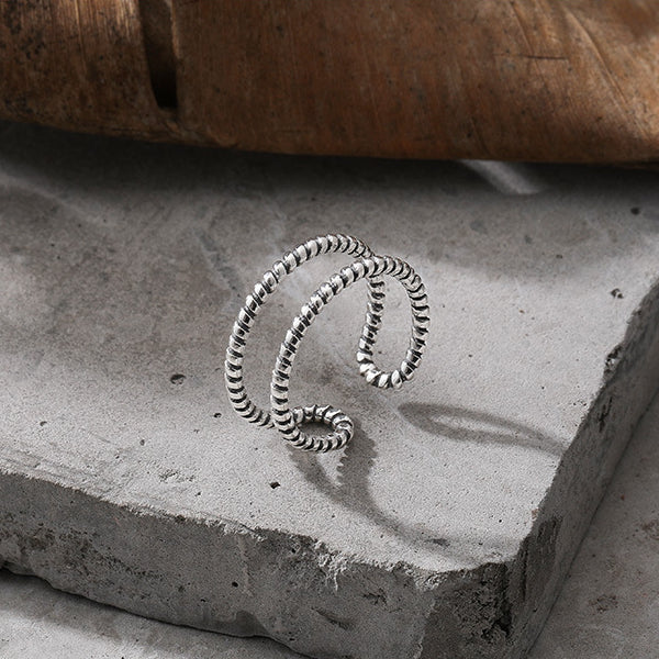 Hemp Rope Design Double Layerd Opening Sterling Silver Ring