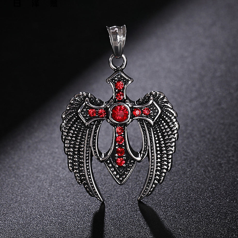 Fallen Angel Wings Zircon Cross Titanium Steel Pendant for Men