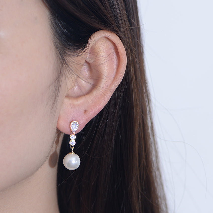 Long Style Zircon Round Pearl Sterling Silver Drop Earrings