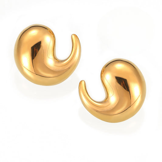 Elegant Curved Water Drop Earrings - European and American Style Stainless Steel Studs with Gold Plating