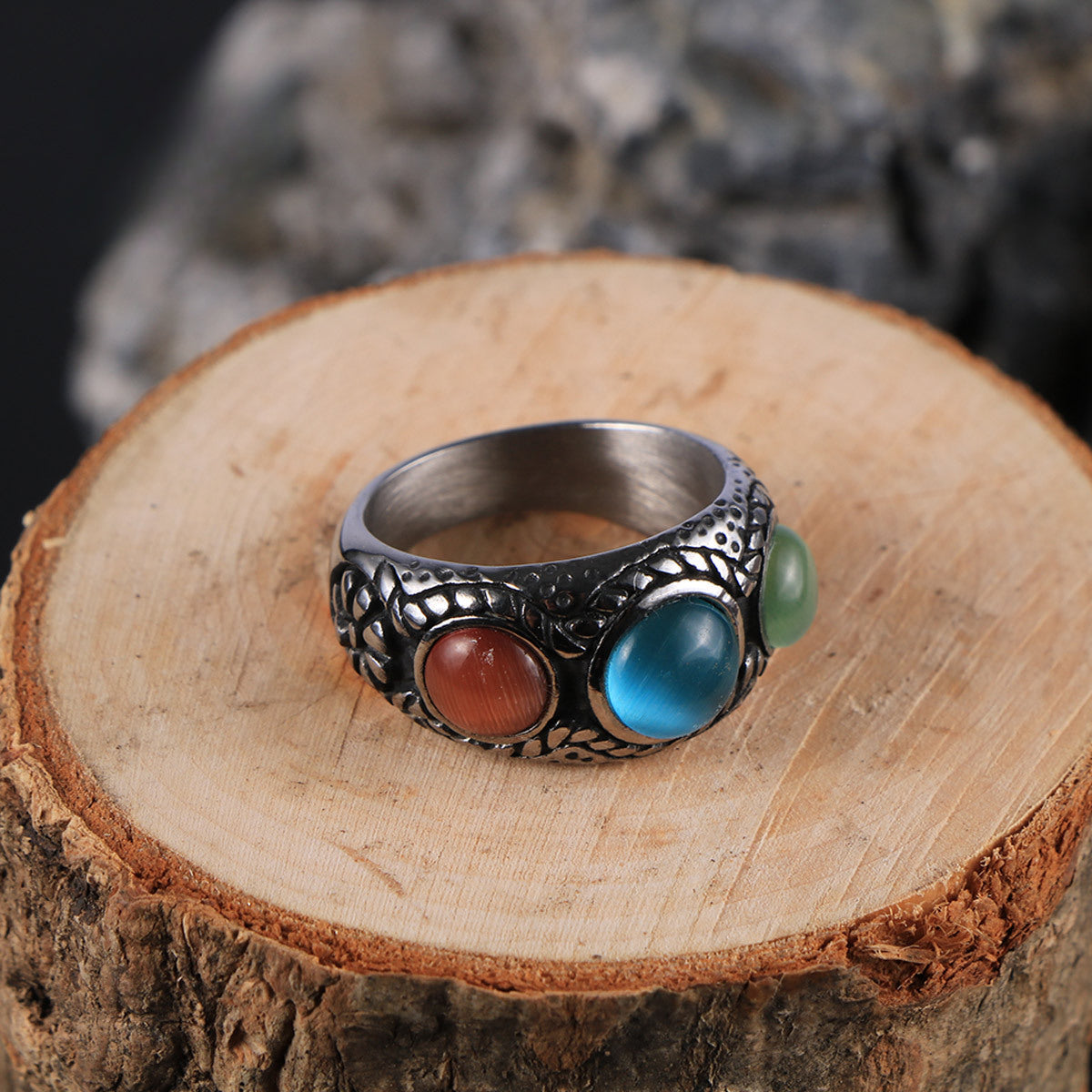 Retro Ethnic Opal Ring for Men – Court-Inlaid Titanium Steel Jewelry in Sizes 7-12