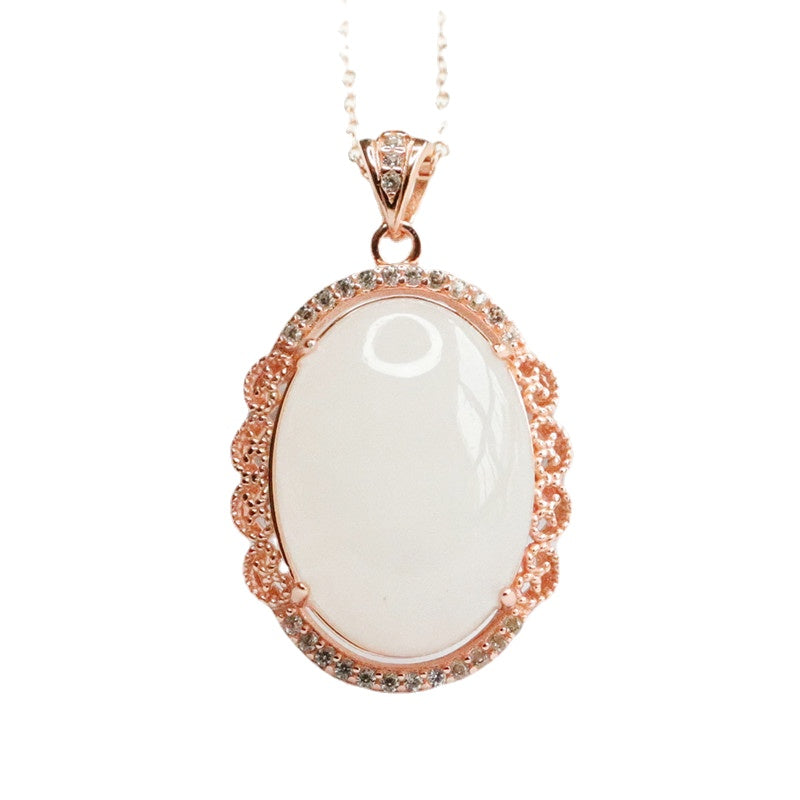 Elegant White Jade Necklace with Silver Pigeon Egg Pendant and Lace Edge