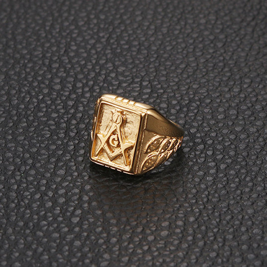 Freemasonry-Inspired Gold Titanium Steel Men's Ring - Elegant Fashion Jewelry for Men