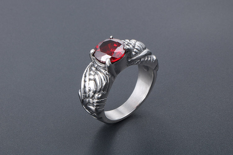 Korean Personalized Wing Ring for Men - Retro Red Zircon Titanium Steel Design