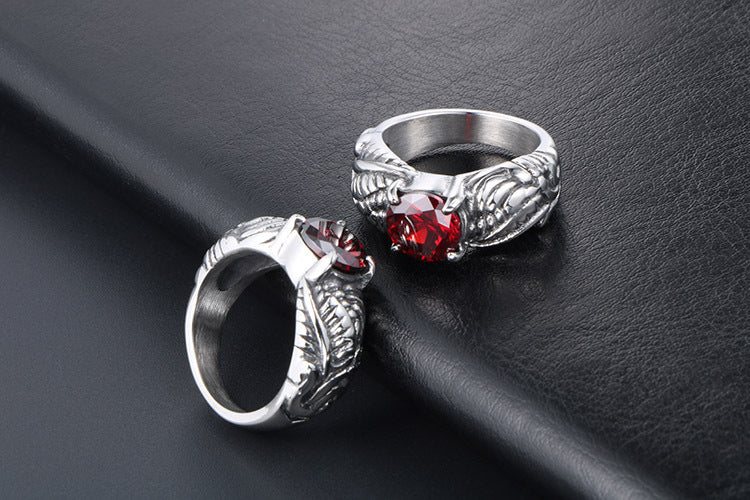 Korean Personalized Wing Ring for Men - Retro Red Zircon Titanium Steel Design