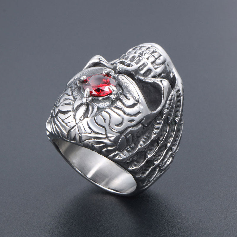 Titanium Steel Men's Gothic Red Zircon Skull Ring - Bold Wholesale Jewelry