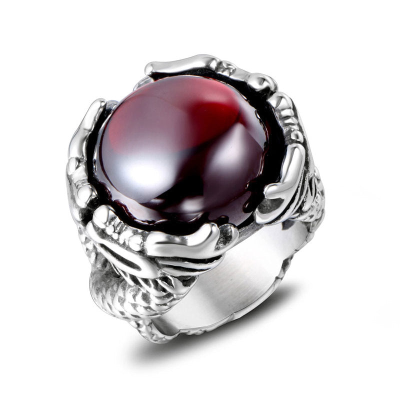 Bold Black and Red Dragonstone Titanium Ring for Men - Trendy Double Bead Design