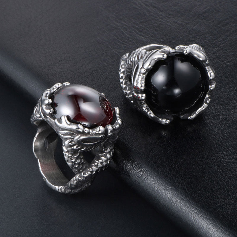 Bold Black and Red Dragonstone Titanium Ring for Men - Trendy Double Bead Design