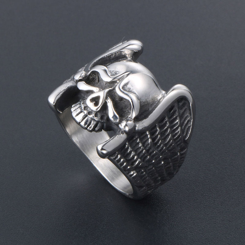 Titanium Steel Angel Wings Skull Ring for Men - Trendy Personalized Jewelry from Europe and America