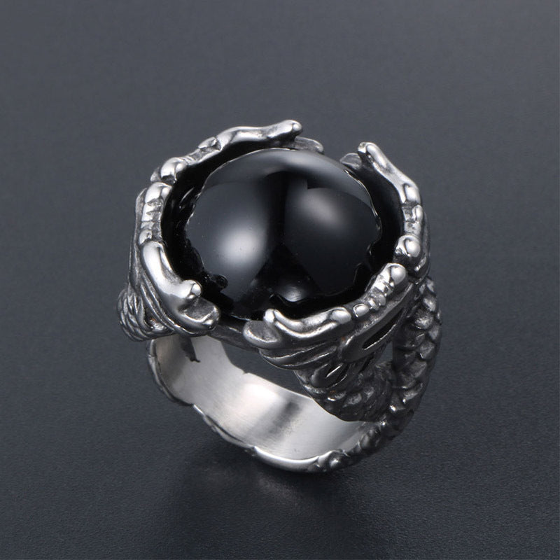 Bold Black and Red Dragonstone Titanium Ring for Men - Trendy Double Bead Design