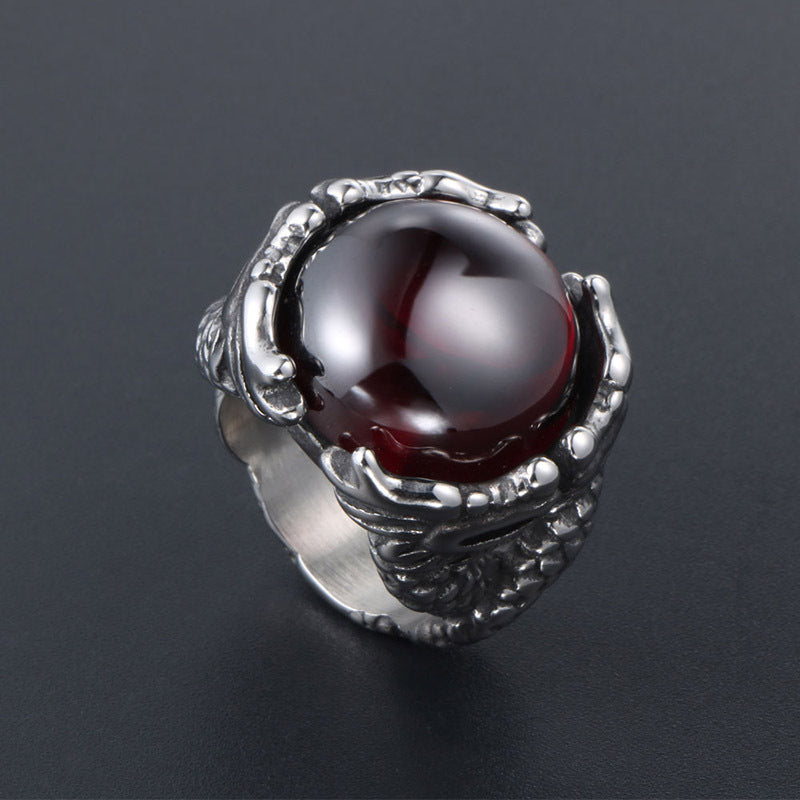 Bold Black and Red Dragonstone Titanium Ring for Men - Trendy Double Bead Design