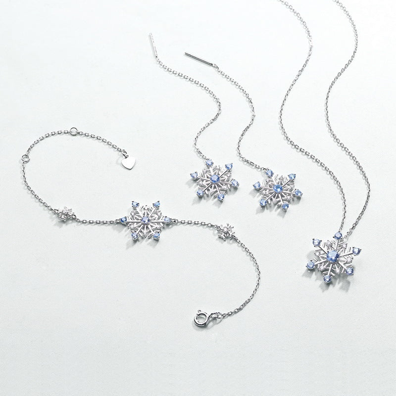 Romantic Blue Spinel Zircon Hexagonal Snowflake Ear Line Sterling Silver Earrings