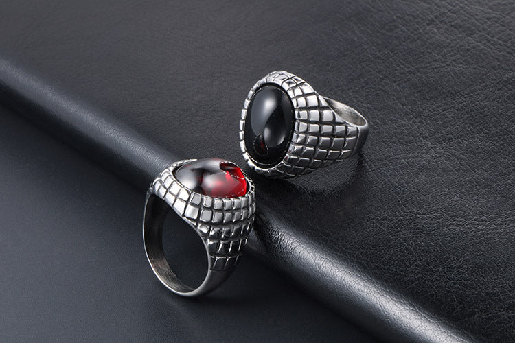 Trendy Retro Red and Black Agate Men's Ring - Personalized Titanium Steel Jewelry