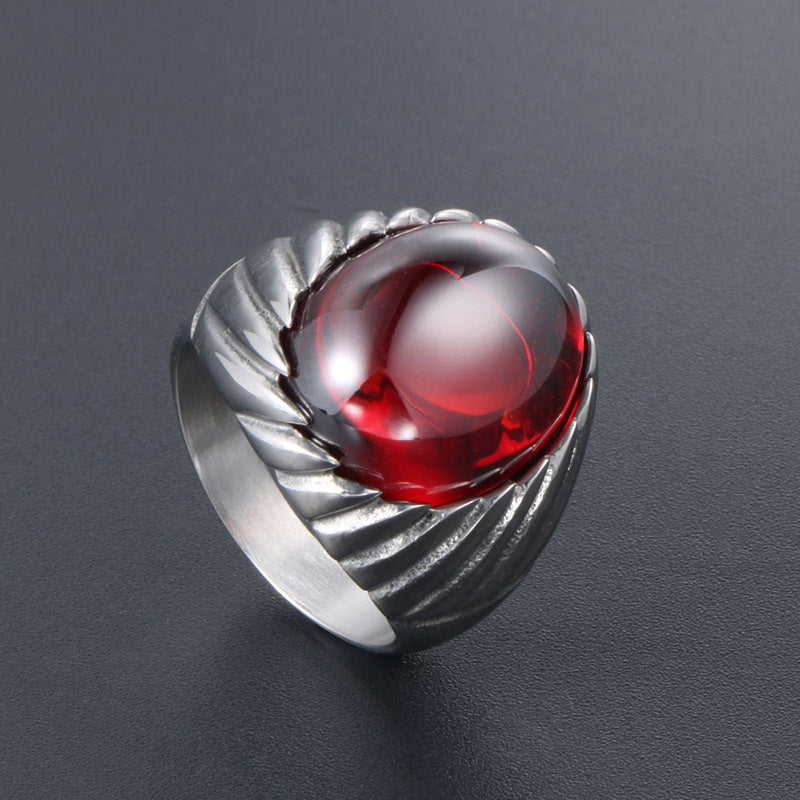 Trendy Men's Retro Red and Black Agate Titanium Steel Ring - Personalized Jewelry for Modern Men