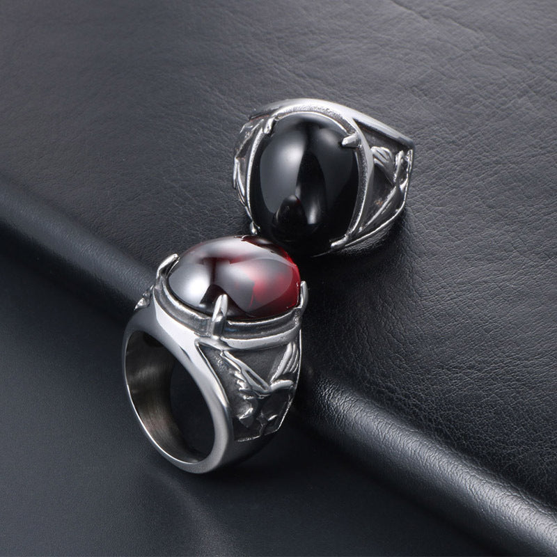 Titanium Steel Eagle Ring with Red and Black Agate Inlay - Unique Men's Fashion Jewelry