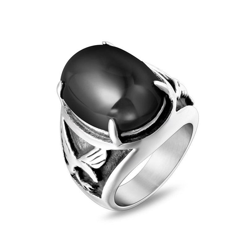 Titanium Steel Eagle Ring with Red and Black Agate Inlay - Unique Men's Fashion Jewelry