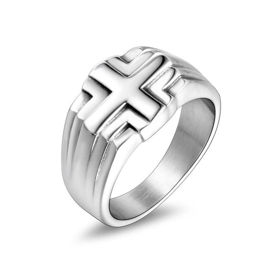 Customizable Retro Titanium Steel Ring for Men - Hipster Cross Design