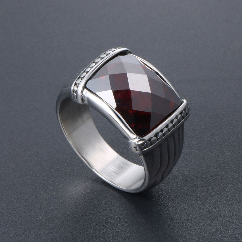 Trendy Titanium Steel Couples Ring with Stone Accents - Red Pomegranate & Blue Sandstone for Men and Women