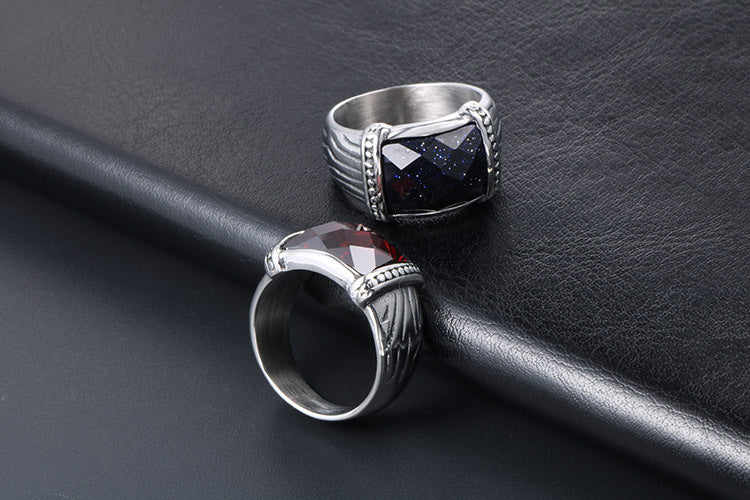 Trendy Titanium Steel Couples Ring with Stone Accents - Red Pomegranate & Blue Sandstone for Men and Women