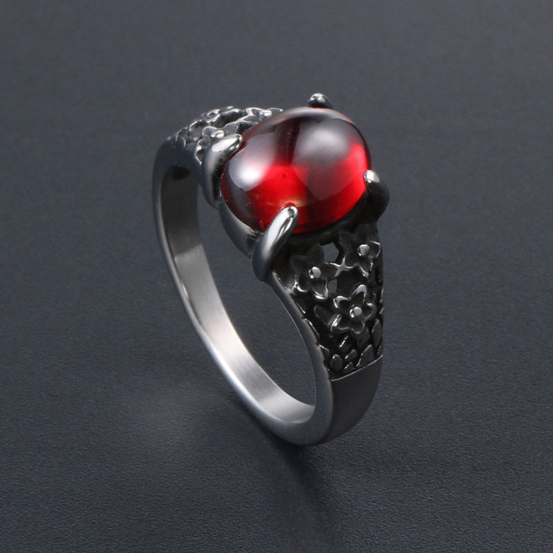 Retro Floral Stainless Steel Ring with Blue and Red Stones for Couples - Unique Men's Personality Ring