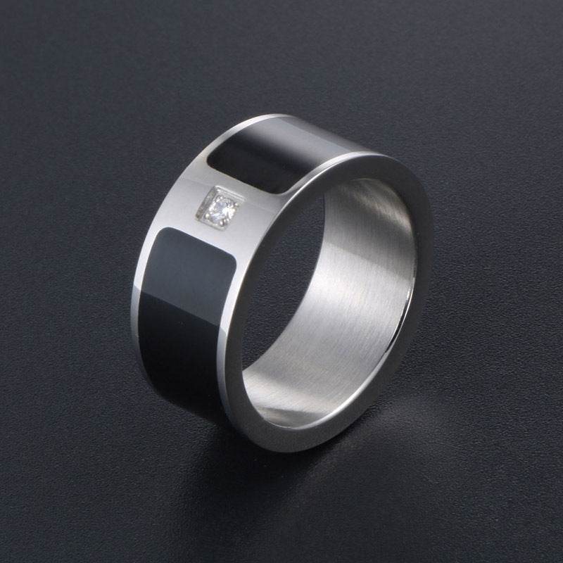 Titanium Steel Couple Rings with Black and White Zircon - Beijing Love Story Non-Fading Design for Men and Women