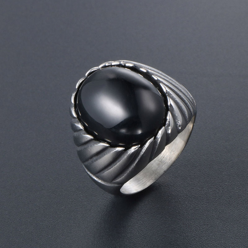 Trendy Men's Retro Red and Black Agate Titanium Steel Ring - Personalized Jewelry for Modern Men