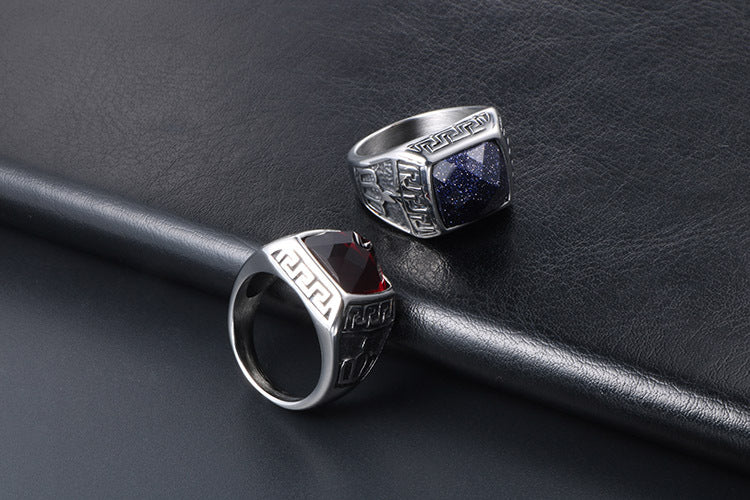 Korean-Inspired Blue Sandstone and Red Pomegranate Couple Rings - Personalized Titanium Steel Jewelry for Men