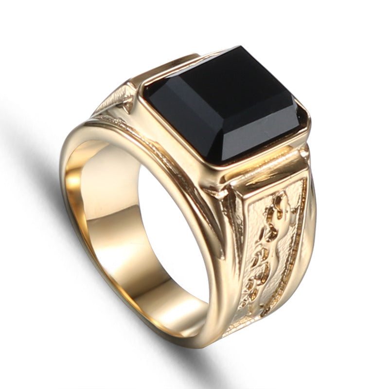 Trendy Titanium Steel Men's Ring with Black Zircon - Dominating Style in Vacuum Plating