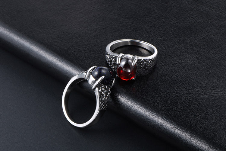 Retro Floral Stainless Steel Ring with Blue and Red Stones for Couples - Unique Men's Personality Ring