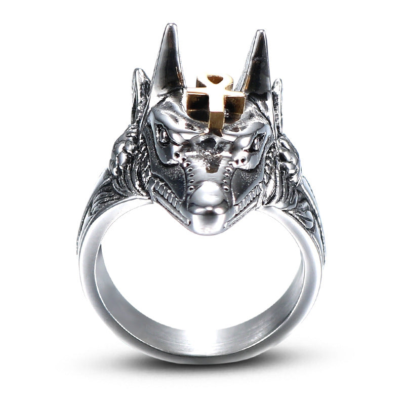 Ancient Egyptian Anubis Self-Defense Titanium Steel Ring for Men - Vintage Jackal Head Design